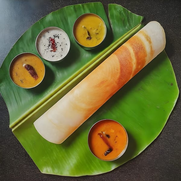 A rolled dosa with three small bowls of Indian chutneys and sambar on a banana leaf.